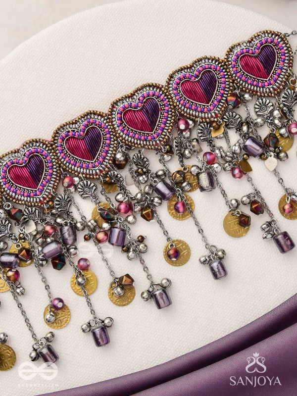 Prageet - Song Of The Hearts - Resham, Dabka, Beads And Coins Hand Embroidered Oxidised Choker Neckpiece