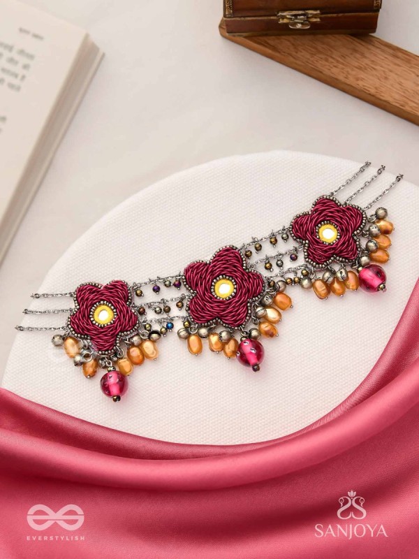 Sumanas - The Burgundy Flowers - Mirror, Resham, Dabka And Glass Drops Hand Embroidered Oxidised Choker Neckpiece