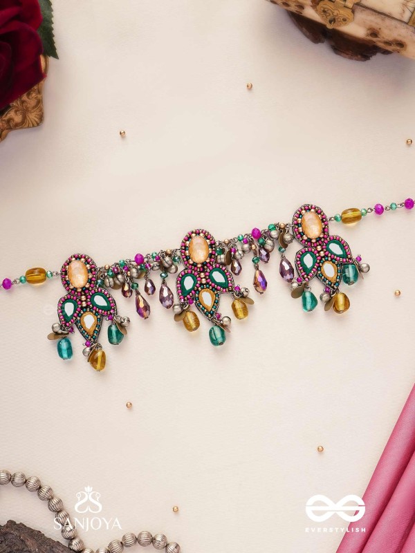 Bhramaparna - The Spell Of Stones - Stones, Mirror, Coins And Glass Drops Hand Embroidered Oxidised Choker Neckpiece