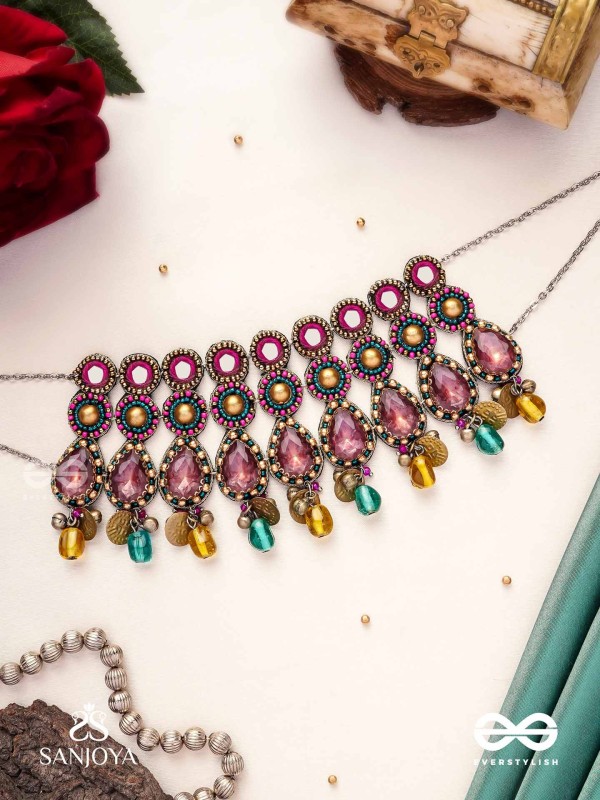 Vashikrit - The Hypnotic Tiers - Mirror, Stones, Coins And Glass Drops Hand Embroidered Oxidised Choker Neckpiece