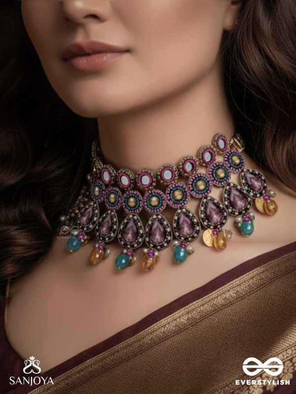 Vashikrit - The Hypnotic Tiers - Mirror, Stones, Coins And Glass Drops Hand Embroidered Oxidised Choker Neckpiece