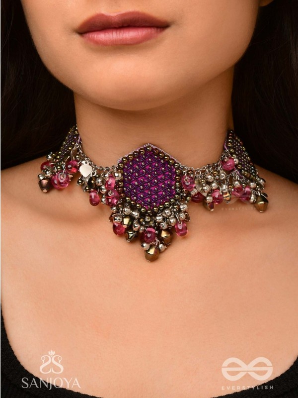 Sukhodaye - The Wine Honeycomb - Beads And Glass Drops Hand Embroidered Oxidised Choker Neckpiece