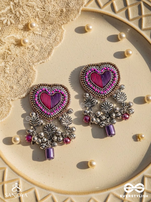 Unmadishnu - The Love Rush - Dabka, Beads And Glass Drops Hand Embroidered Oxidised Earrings