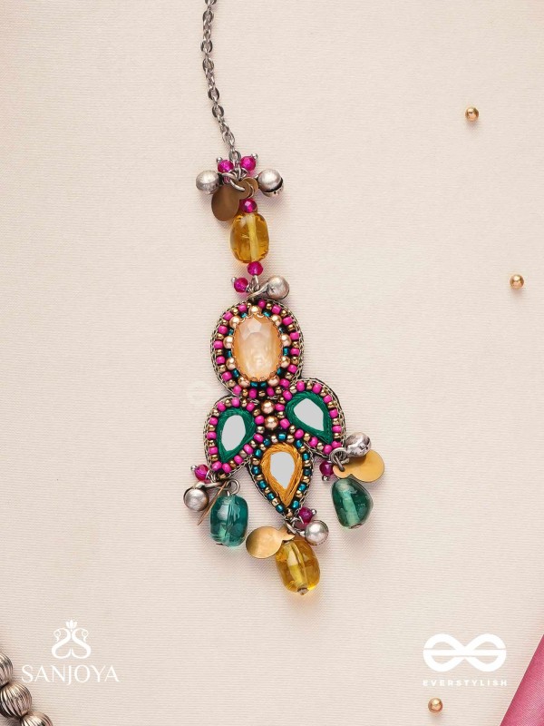Prashman - The Calming Beauty - Stones, Mirror, Coins And Glass Drops Hand Embroidered Oxidised Maangtika