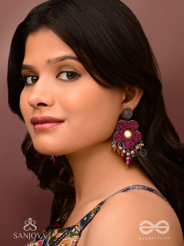 Svastmit - Bloom In The Sunset - Mirror, Dabka, Resham And Glass Drops Hand Embroidered Oxidised Earrings