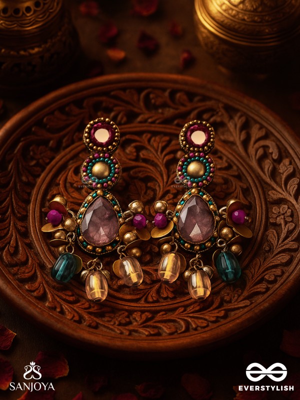Agrihini - The Amethyst Glow - Stones, Mirrors, Coins And Glass Drops Hand Embroidered Earrings
