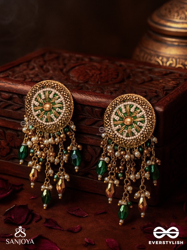 Varsham - The Captivating Rainfall - Cutdana, Dabka, Beads And Glass Drops Hand Embroidered Earrings