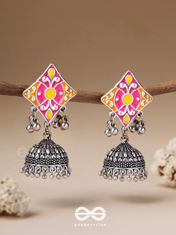 Melodies Of Twilight - Enamelled Oxidised Jhumka Earrings