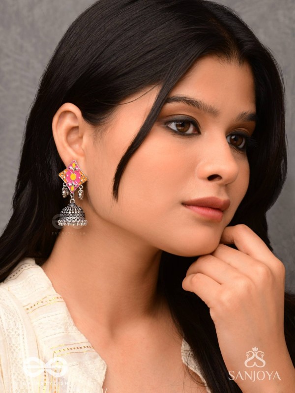 Melodies Of Twilight - Enamelled Oxidised Jhumka Earrings