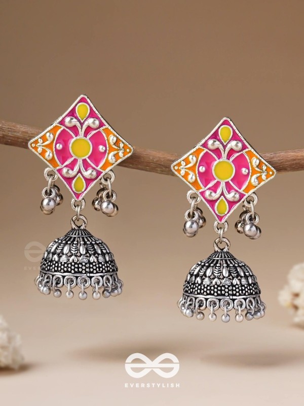 Melodies Of Twilight - Enamelled Oxidised Jhumka Earrings