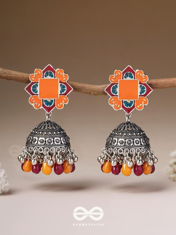 The Warm Hues - Enamelled Oxidised Jhumka Earrings