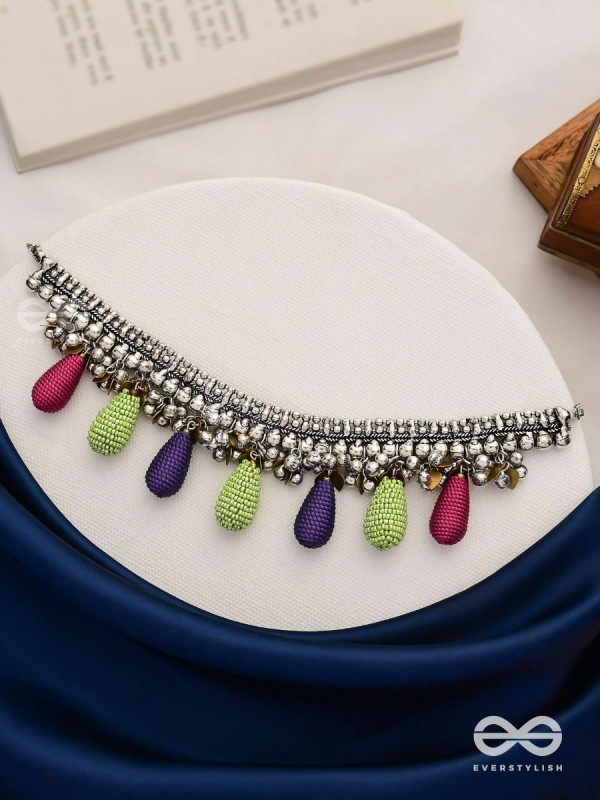 Drops Of Intricacy - Beads And Coins Oxidised Hand Embroidered Choker Neckpiece