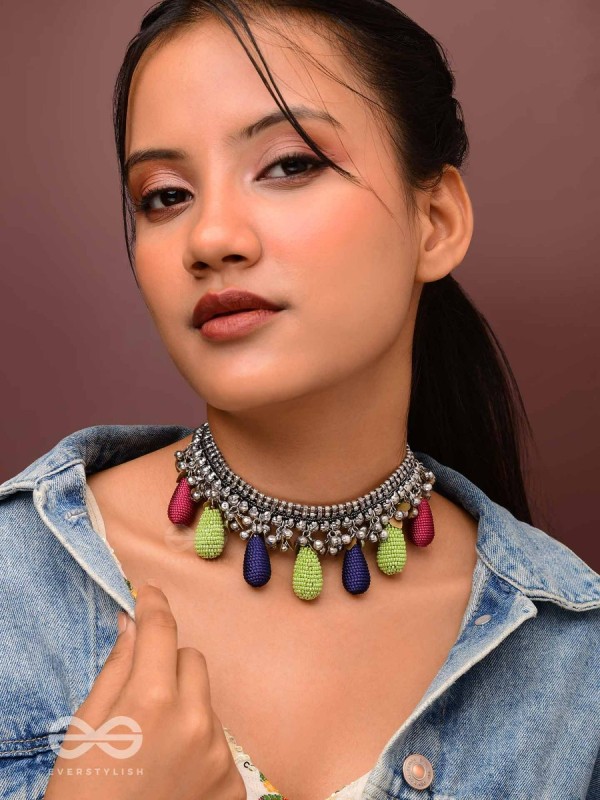 Drops Of Intricacy - Beads And Coins Oxidised Hand Embroidered Choker Neckpiece