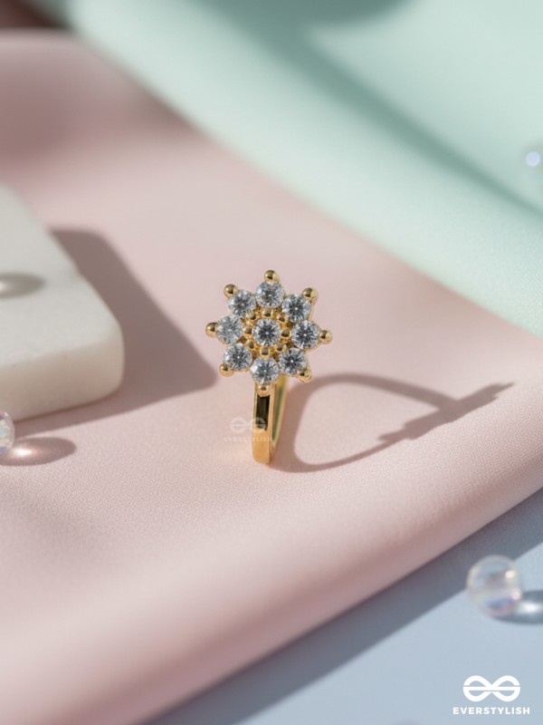 The Embedded Flower - Golden Cubic Zirconia NoseRing (NON-PIERCING)