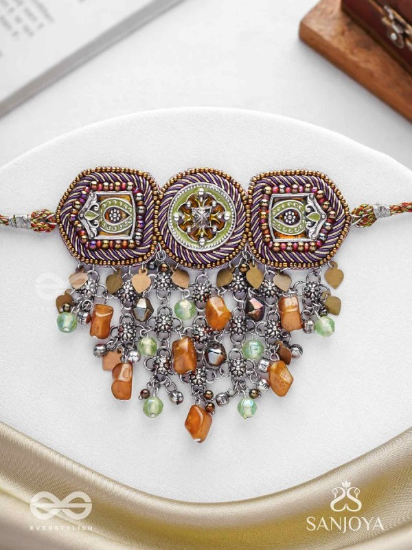Adrikila - The Earth-Bound - Resham, Dabka And Glass Drops Hand Embroidered Oxidised Choker Neckpiece