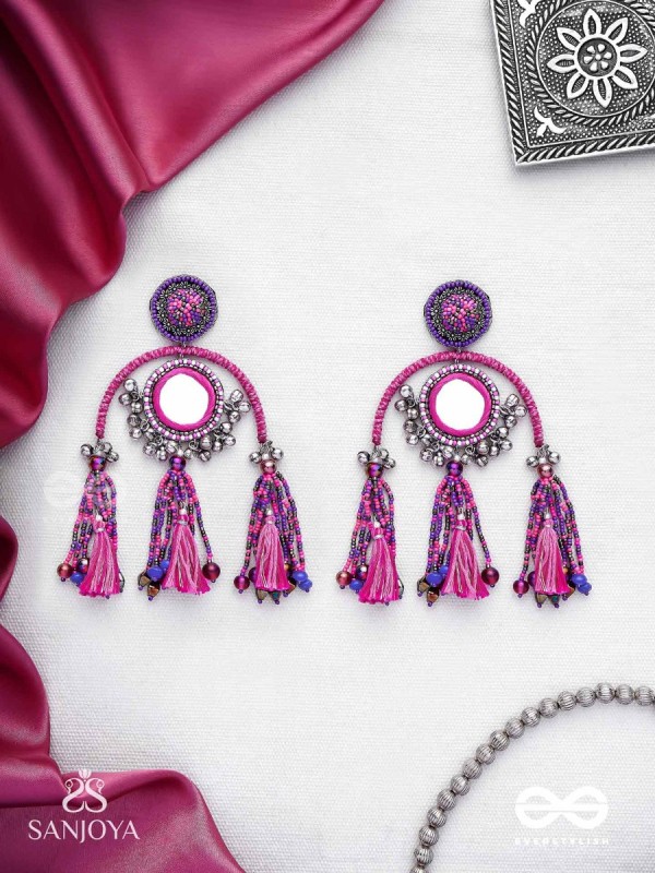 Madhurya - The Charismatic Mirrors - Mirrors, Beads And Resham Hand Embroidered Oxidised Earrings