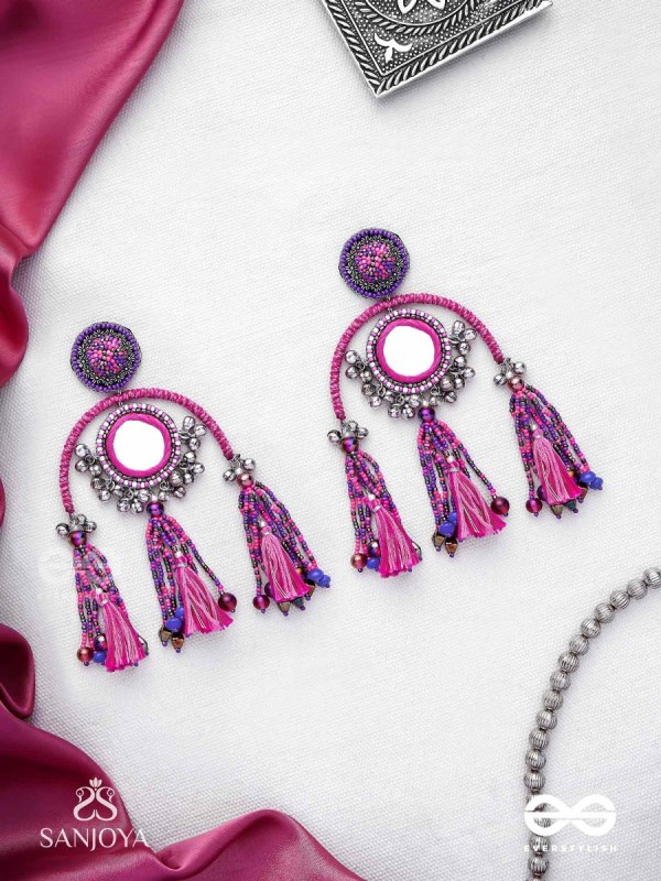 Madhurya - The Charismatic Mirrors - Mirrors, Beads And Resham Hand Embroidered Oxidised Earrings