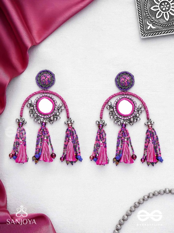 Madhurya - The Charismatic Mirrors - Mirrors, Beads And Resham Hand Embroidered Oxidised Earrings