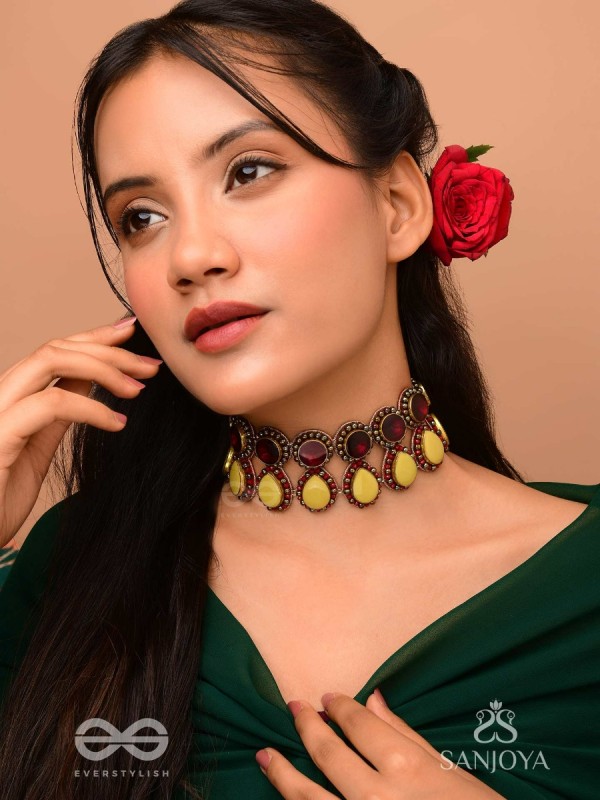 Rasvatta - The Olive Elegance - Stones And Beads Hand Embroidered Choker Neckpiece