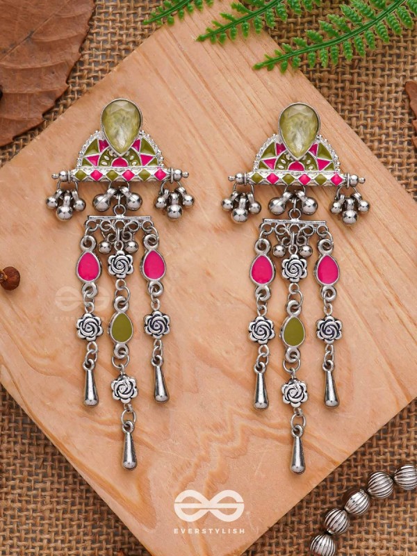 The Olive Roses - Stone Enamelled Oxidised Earrings