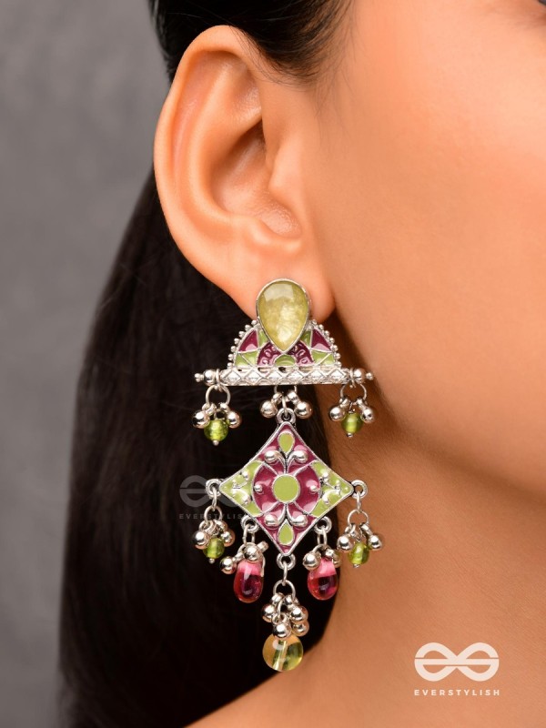 The Fresh Rubies - Stone And Glass Drops Enamelled Oxidised Earrings