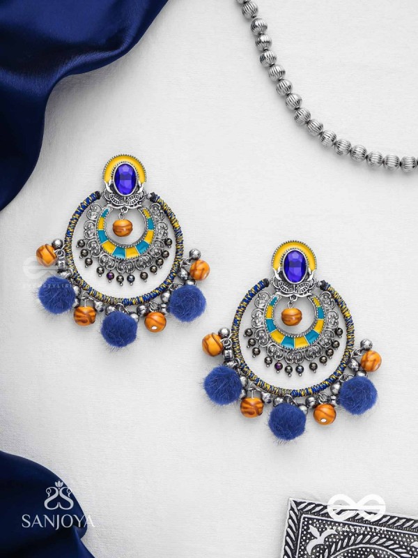 Manishyam - The Sapphire Radiance - Stone, Resham And Beads Hand Embroidered Enamelled Oxidised Earrings