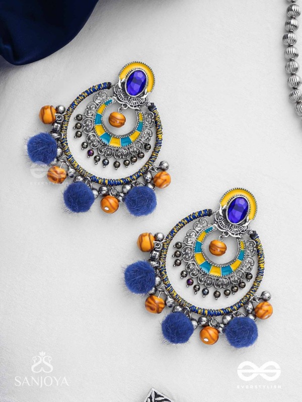 Manishyam - The Sapphire Radiance - Stone, Resham And Beads Hand Embroidered Enamelled Oxidised Earrings
