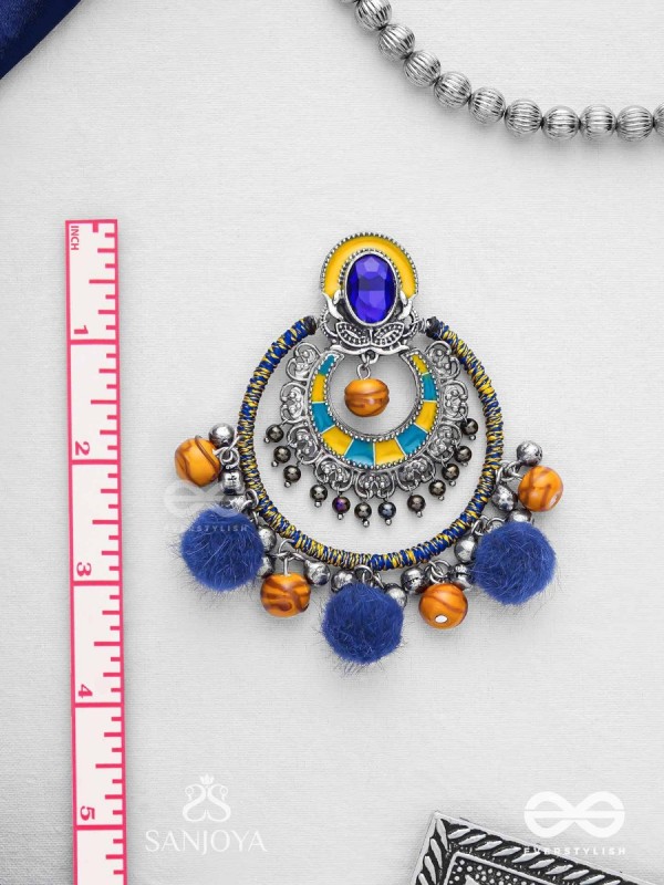 Manishyam - The Sapphire Radiance - Stone, Resham And Beads Hand Embroidered Enamelled Oxidised Earrings
