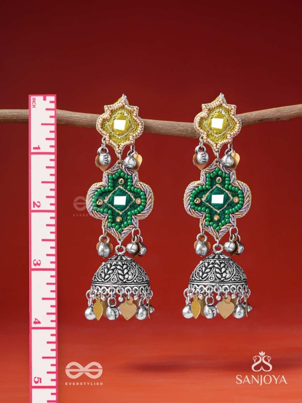 Aranyaj - Song Of The Forest - Beads, Dabka And Coins Hand Embroidered Oxidised Jhumka Earrings