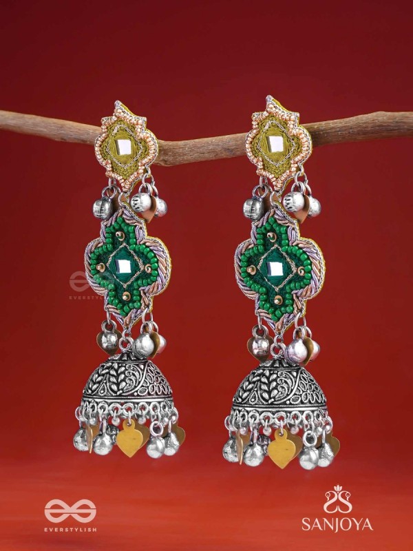 Aranyaj - Song Of The Forest - Beads, Dabka And Coins Hand Embroidered Oxidised Jhumka Earrings