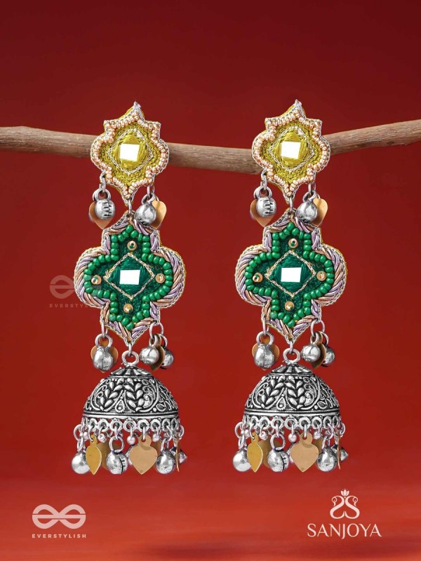 Aranyaj - Song Of The Forest - Beads, Dabka And Coins Hand Embroidered Oxidised Jhumka Earrings