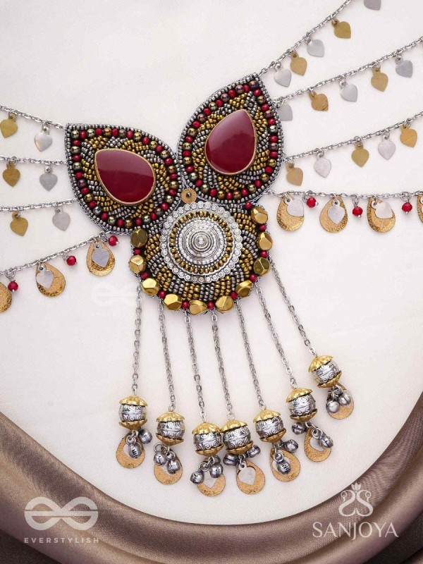 Sambhrit - The Mighty Chants - Beads And Coins Hand Embroidered Oxidised Neckpiece
