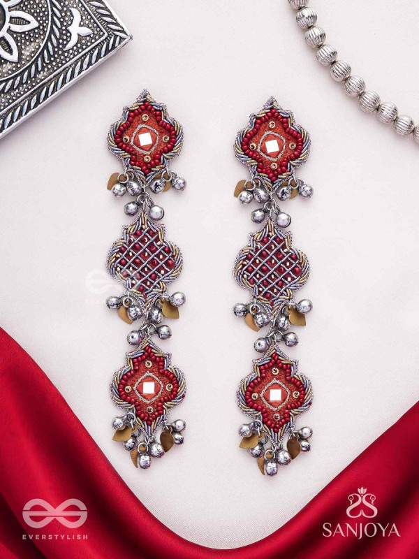 Yashas - The Maple Grandeur - Beads, Coins And Dabka Hand Embroidered Oxidised Earrings