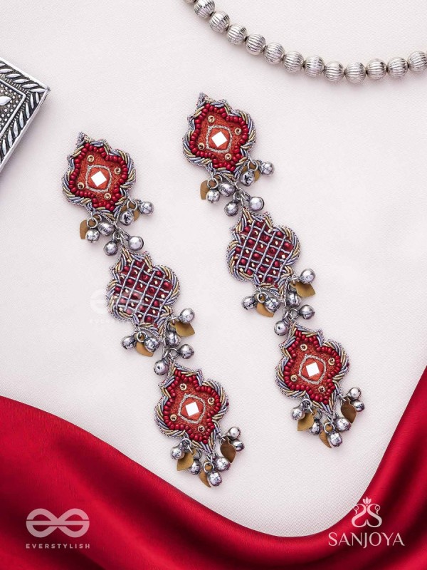 Yashas - The Maple Grandeur - Beads, Coins And Dabka Hand Embroidered Oxidised Earrings
