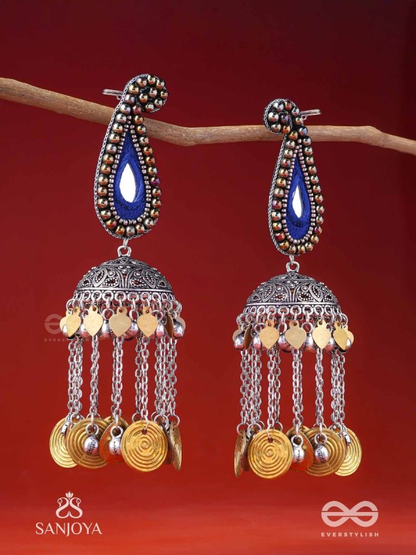 Svarsampad - The Feathery Melody - Beads, Mirror, Resham And Coins Hand Embroidered Oxidised Jhumka Earrings