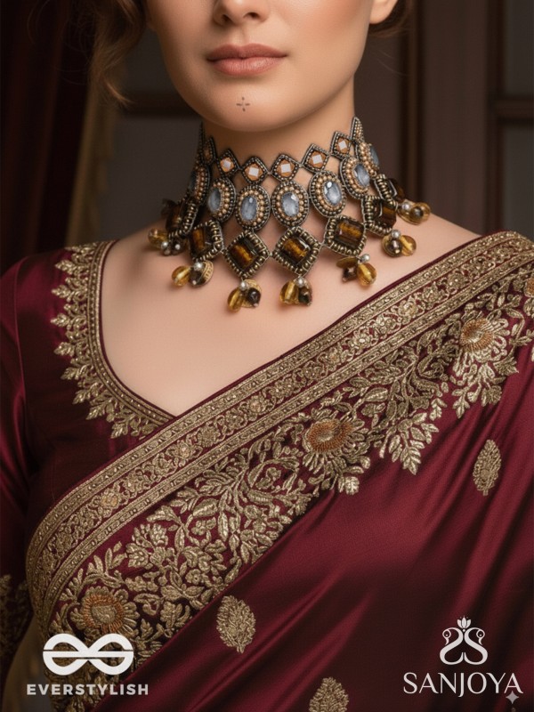 Haridhumra- The Amber Chestnut - Stones, Beads, Coins And Glass Drops Hand Embroidered Oxidised Neckpiece