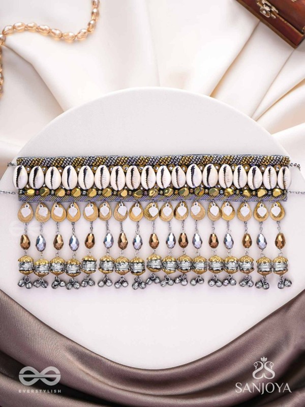 Gaaniya - The Musical Coast - Shells, Coins, Beads And Glass Drops Hand Embroidered Oxidised Choker Neckpiece