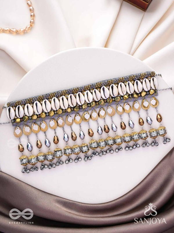 Gaaniya - The Musical Coast - Shells, Coins, Beads And Glass Drops Hand Embroidered Oxidised Choker Neckpiece