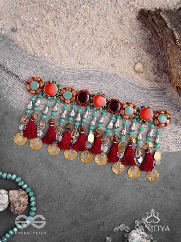 Anuragini - The Windy Music - Stones, Resham And Coins Hand Embroidered Oxidised Choker Neckpiece