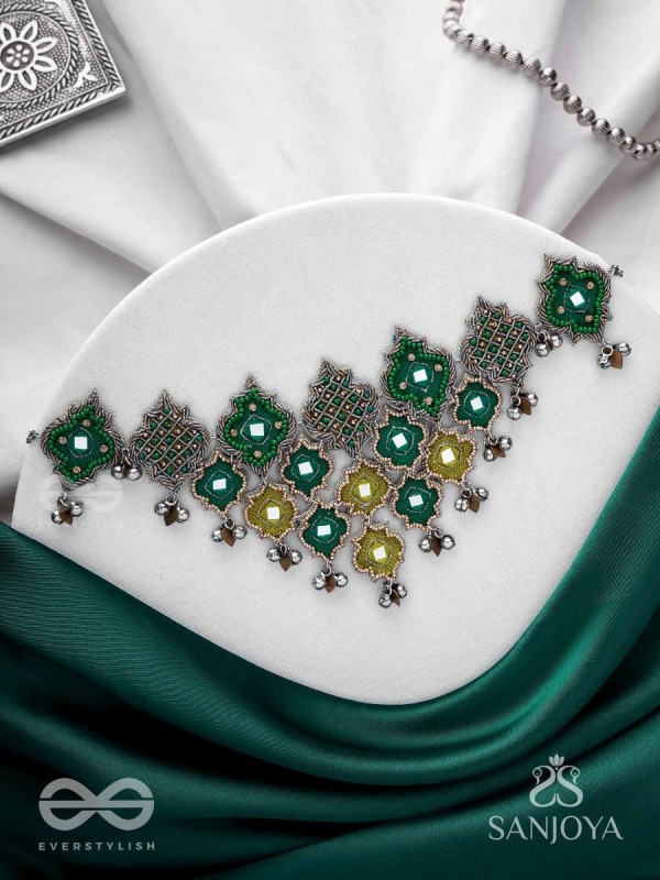Aardratva - The Lush Cascade - Resham, Mirror And Dabka Hand Embroidered Oxidised Neckpiece
