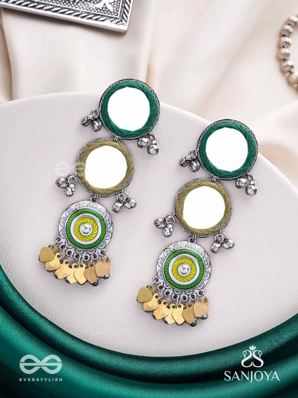 Abhatih - The Dancing Reflections - Mirrors, Resham And Beads Hand Embroidered Enamelled Oxidised Earrings 