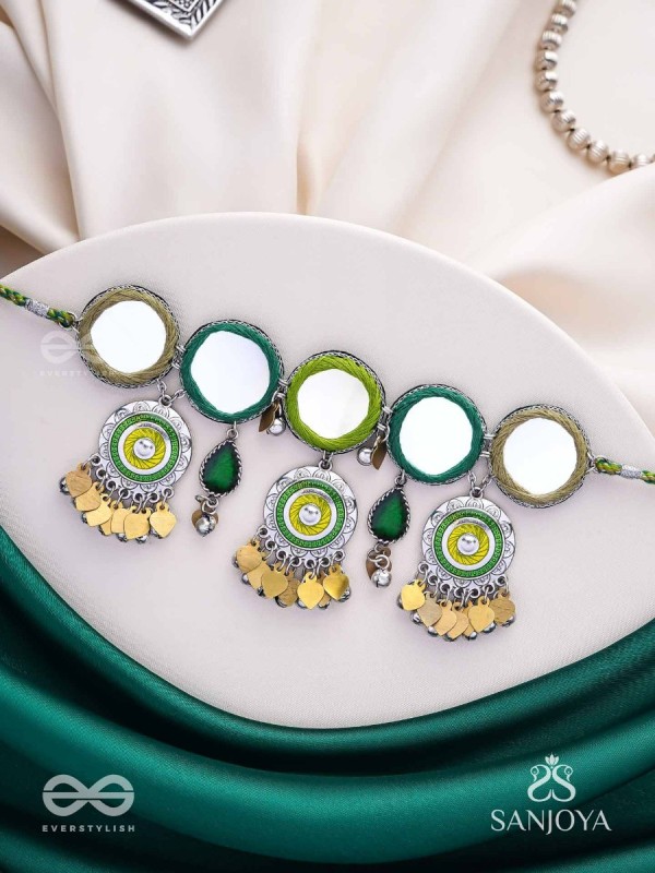 Manidarpan - The Musical Mirrors - Mirrors, Resham And Beads Hand Embroidered Enamelled Oxidised Choker Neckpiece