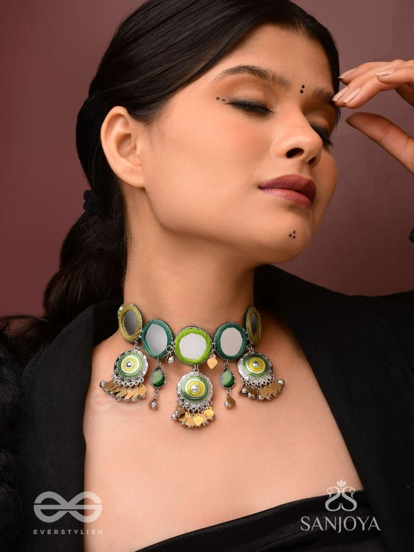 Manidarpan - The Musical Mirrors - Mirrors, Resham And Beads Hand Embroidered Enamelled Oxidised Choker Neckpiece