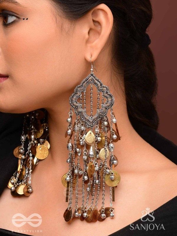 Avyathishi - The Earth Sung Music - Beads, Dabka And Coins Hand Embroidered Oxidised Earrings