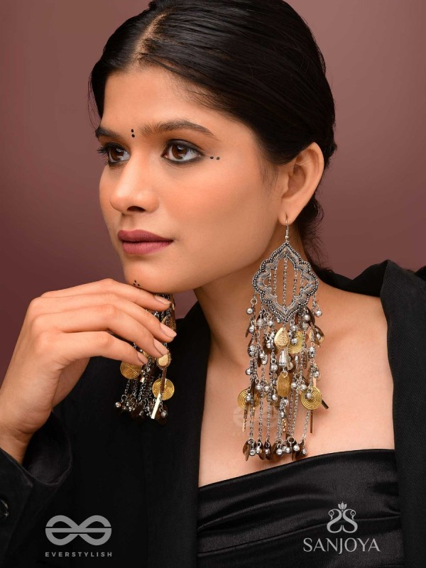 Avyathishi - The Earth Sung Music - Beads, Dabka And Coins Hand Embroidered Oxidised Earrings