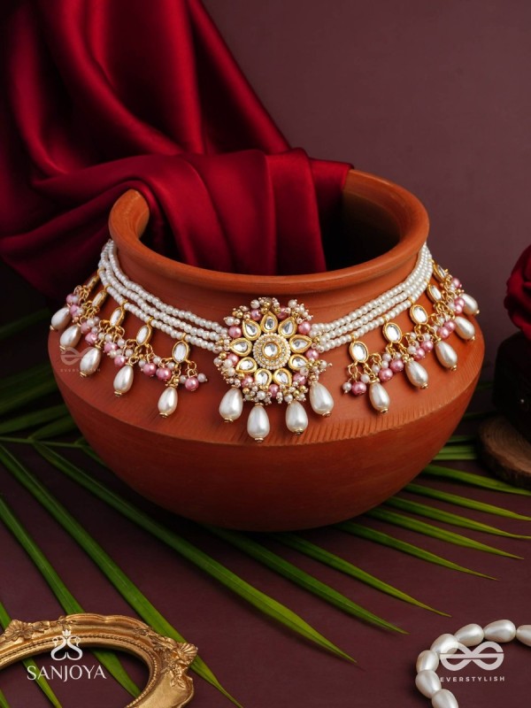 Dyulok - The Heavenly Charm - Beads, Pearl Drops, Polki And Kundan Finished Hand Embroidered Neckpiece