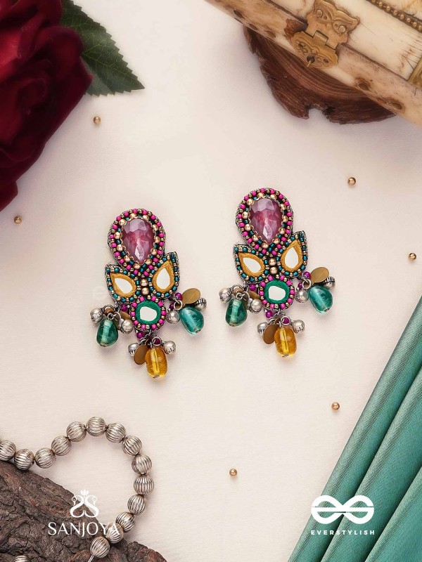 Guhyani - The Mysterious Hues - Stone, Mirrors And Glass Drops Hand Embroidered Earrings