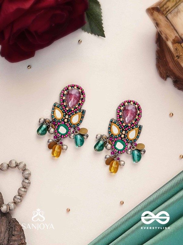 Guhyani - The Mysterious Hues - Stone, Mirrors And Glass Drops Hand Embroidered Earrings