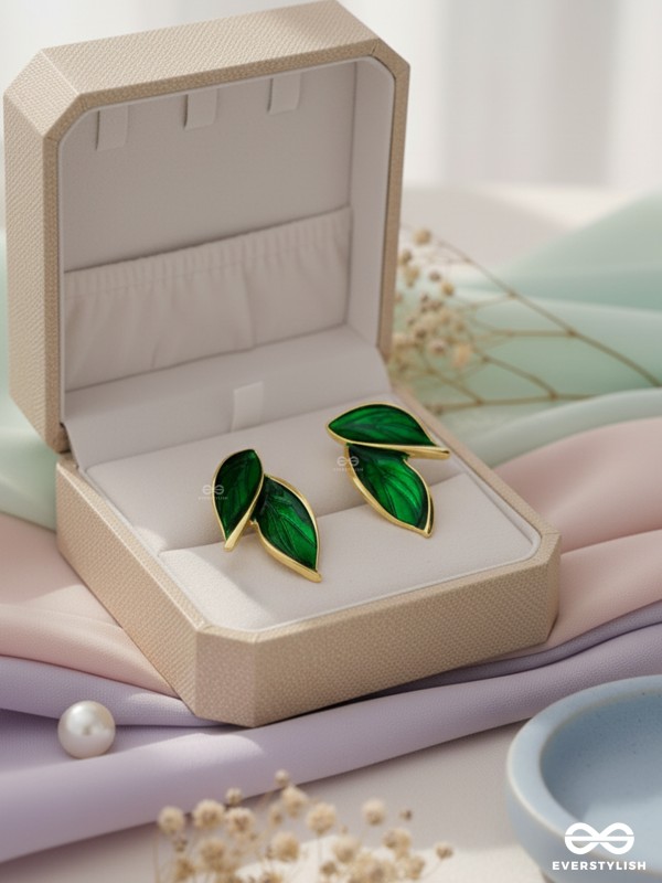 Petals Panache - Golden Enamelled Earrings (Green)