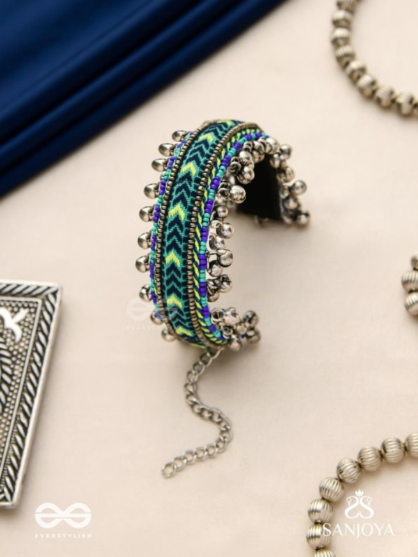 Vedhan - The Oceanic Depths - Resham And Beads Hand Embroidered Oxidised Cuff Bracelet